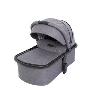 Grey baby bassinet stroller attachment with canopy and soft padding