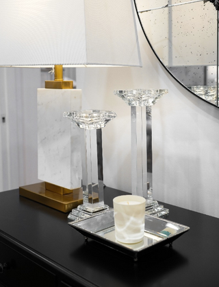 Silver Deep Rectangular Mirror Glass Tray Under Candle