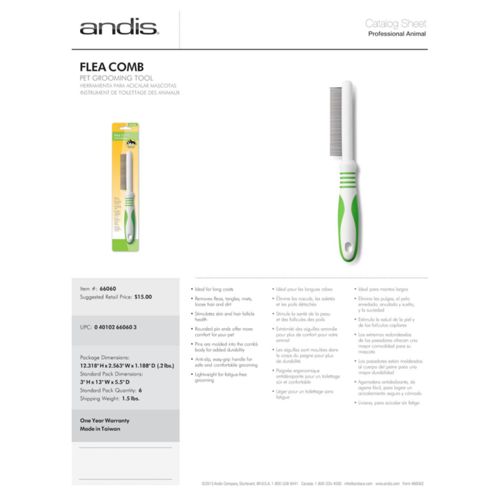 Andis Flea Comb White Lime Green