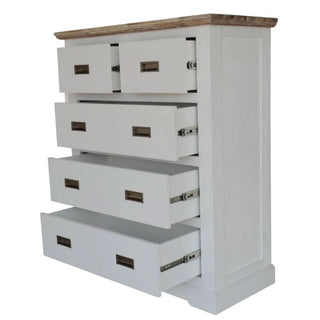  5-Drawer Artisanal Multi-Tones Acacia Tallboy Side View With Open Drawers