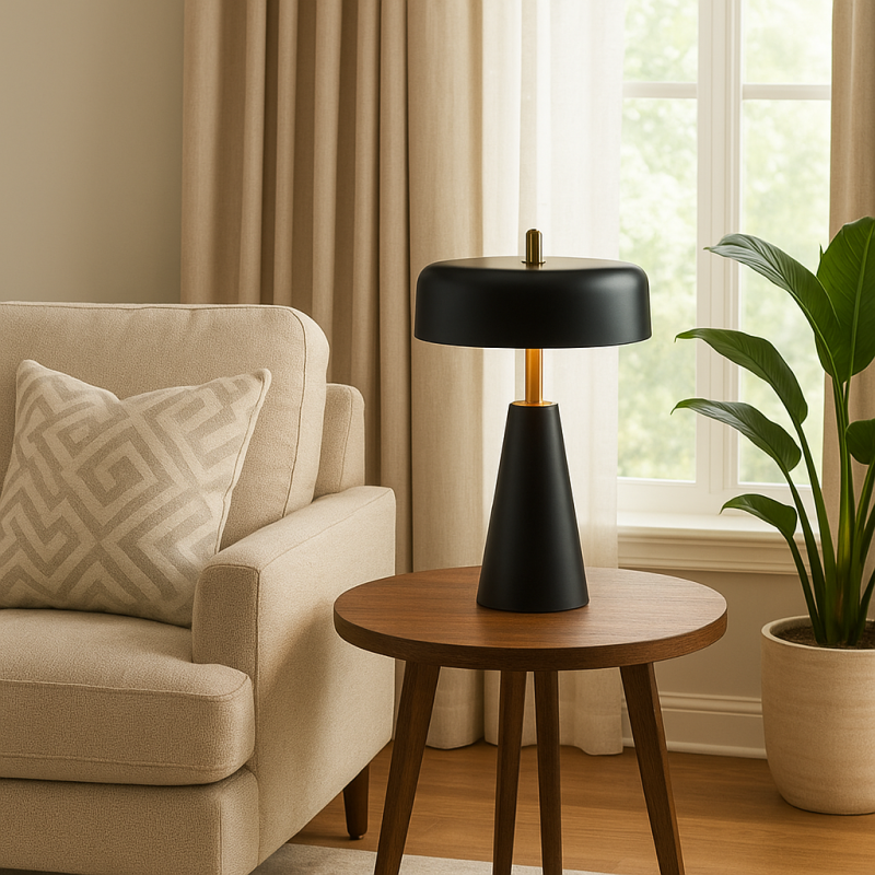 Black and gold table lamp in living room – soft ambient glow Australia.
