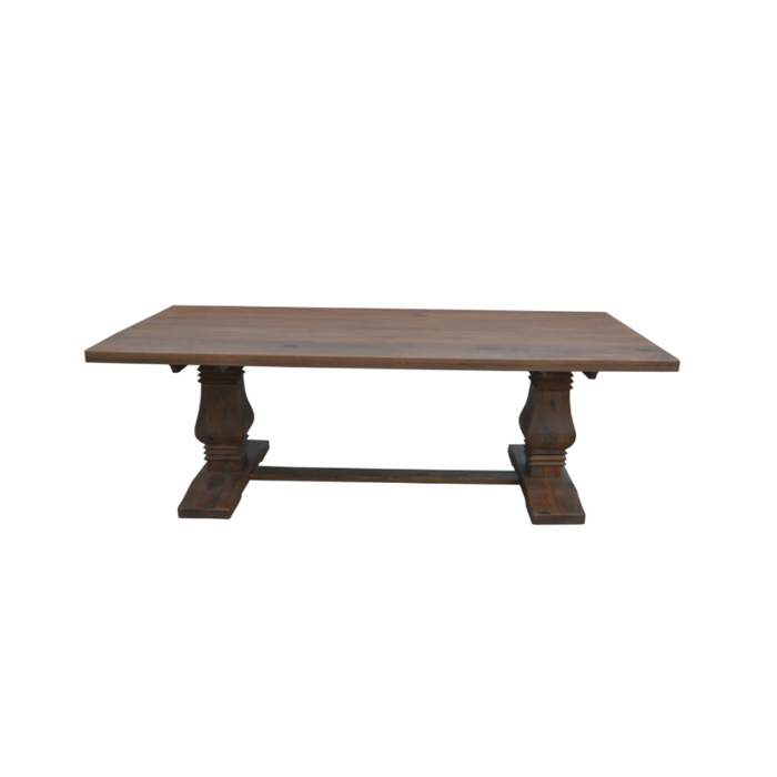 Close-up of the textured and distressed finish on Athena dining set's table and bench