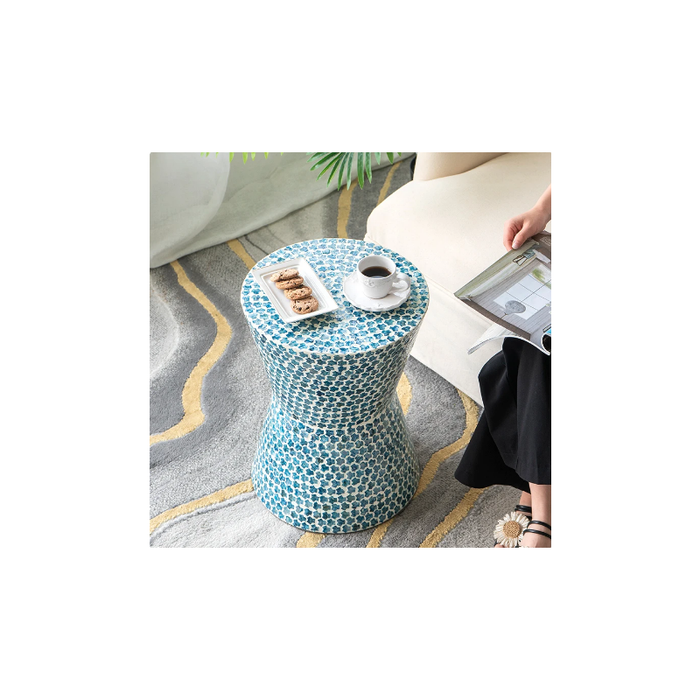 Luxury Accent Table Stool with Serene Blue and White Mosaic Pattern for Sophisticated Interiors