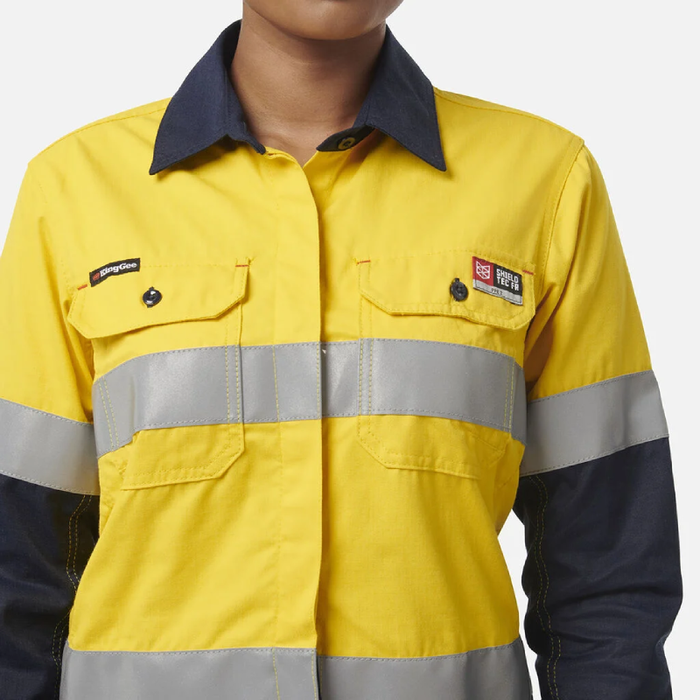 King Gee Women'S Shieldtec Fr Hi-Visibility Two Tone Open Front Long Sleeve Shirt With Fr Tape