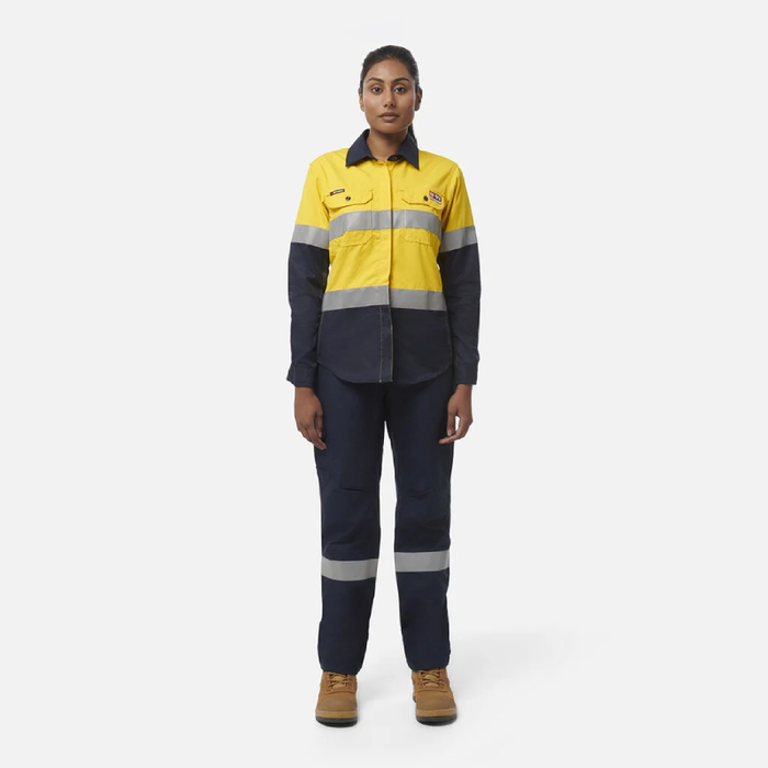 King Gee Women'S Shieldtec Fr Hi-Visibility Two Tone Open Front Long Sleeve Shirt With Fr Tape