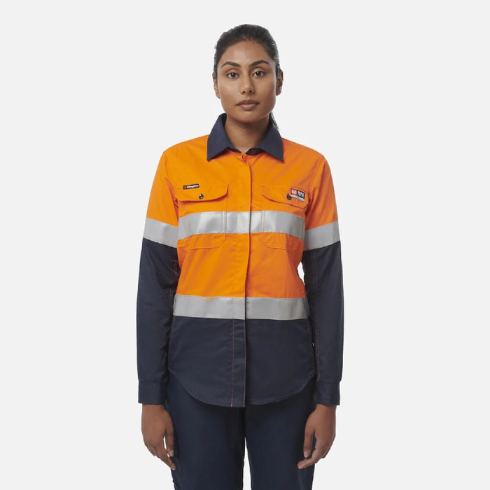 King Gee Women'S Shieldtec Fr Hi-Visibility Two Tone Open Front Long Sleeve Shirt With Fr Tape