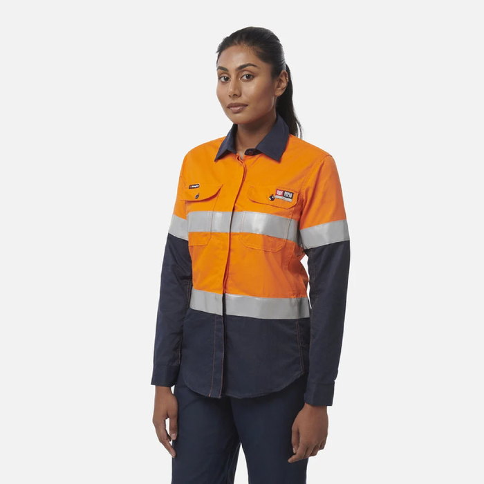 King Gee Women'S Shieldtec Fr Hi-Visibility Two Tone Open Front Long Sleeve Shirt With Fr Tape