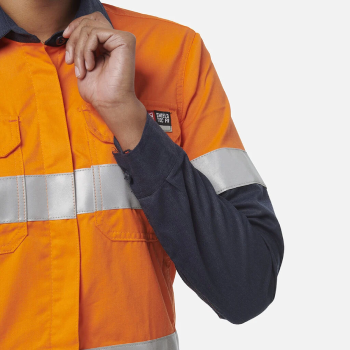 King Gee Women'S Shieldtec Fr Hi-Visibility Two Tone Open Front Long Sleeve Shirt With Fr Tape