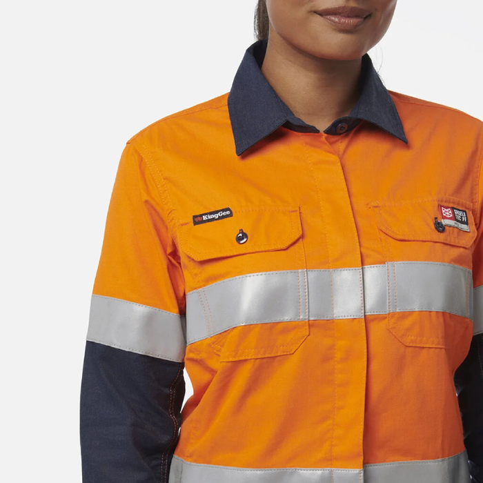 King Gee Women'S Shieldtec Fr Hi-Visibility Two Tone Open Front Long Sleeve Shirt With Fr Tape