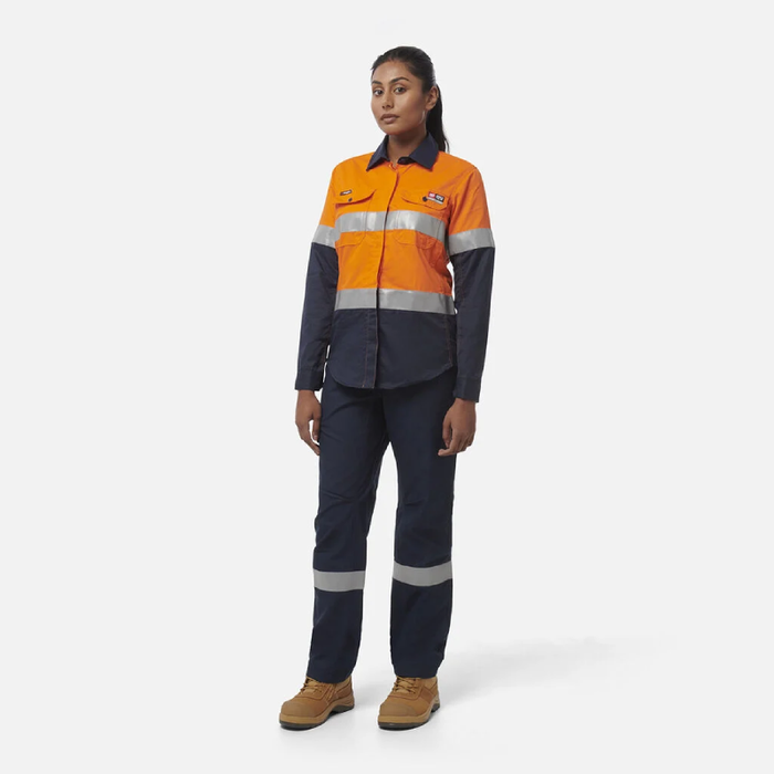 King Gee Women'S Shieldtec Fr Hi-Visibility Two Tone Open Front Long Sleeve Shirt With Fr Tape
