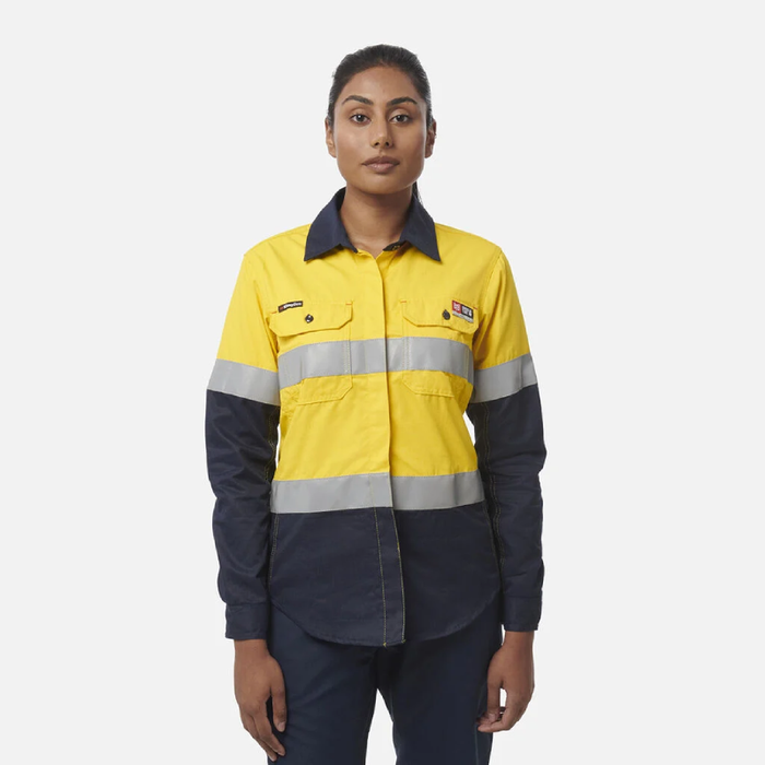 King Gee Women'S Shieldtec Fr Hi-Visibility Two Tone Open Front Long Sleeve Shirt With Fr Tape