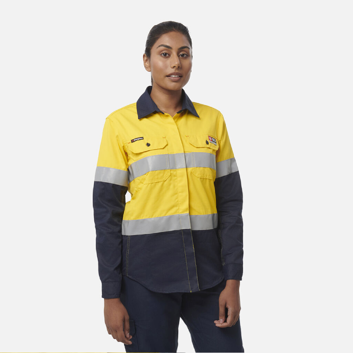 King Gee Women'S Shieldtec Fr Hi-Visibility Two Tone Open Front Long Sleeve Shirt With Fr Tape