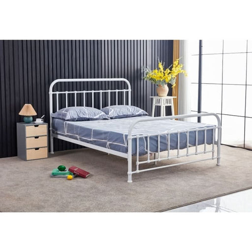 Akira Queen Metal Bed in Pristine White In Room