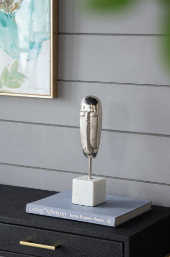 Aluminium Face Sculpture on Marble Stand On Table