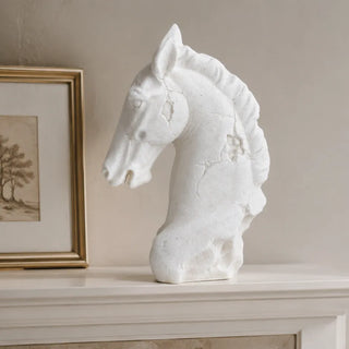 Antiqued White Horse Head Bust styled on a mantel shelf