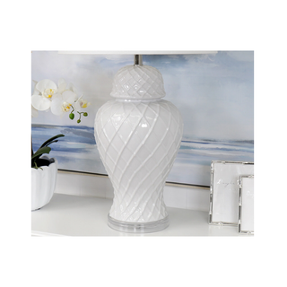 White quilted ceramic base detail – handcrafted Bay Water Lamp texture.