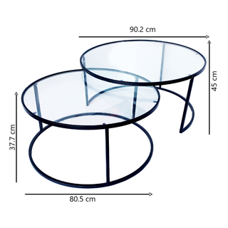 Bella Round Black Nesting Coffee Table with Glass Top Dimensions