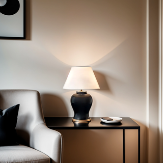 Black & Brass Finish Ceramic Table Lamp classic Night Light Turned on in living room