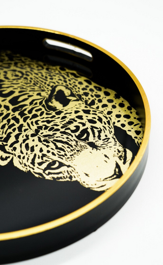 Black & Gold Leopard Print Round Tray Up Close