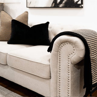 Black and White Houndstooth Throw with Black Trim Sofa