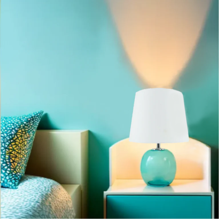 Blue Coastal Glass Table Lamp on bedside table