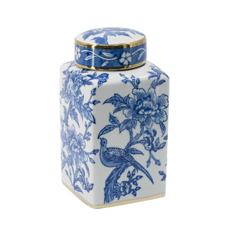 Blue and White Bird and Flower Pattern Lidded Jar