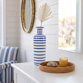 Blue and White Striped Bottle Vase 40cm with cobalt bands and flared trumpet mouth