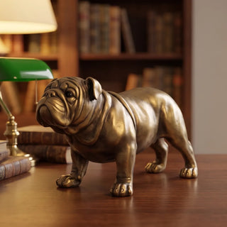 Bronze Bulldog Figurine styled on a wooden desk