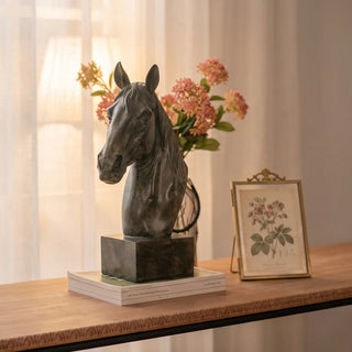 Bronze Horse Head Sculpture styled on a mantel shelf