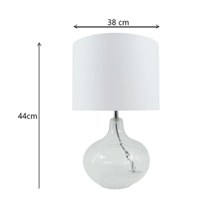 44 cm high clear glass lamp with 38 cm width and white shade – product dimensions.