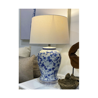 Brooklynn Blue & White Porcelain Table Lamp turned on