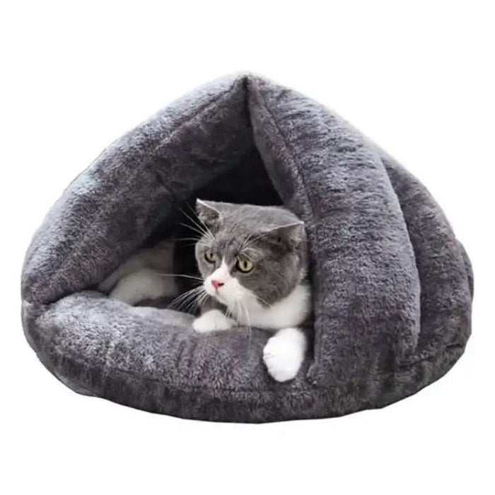 Cat inside Plush Cat Cave Bed with Playful Hanging Ball