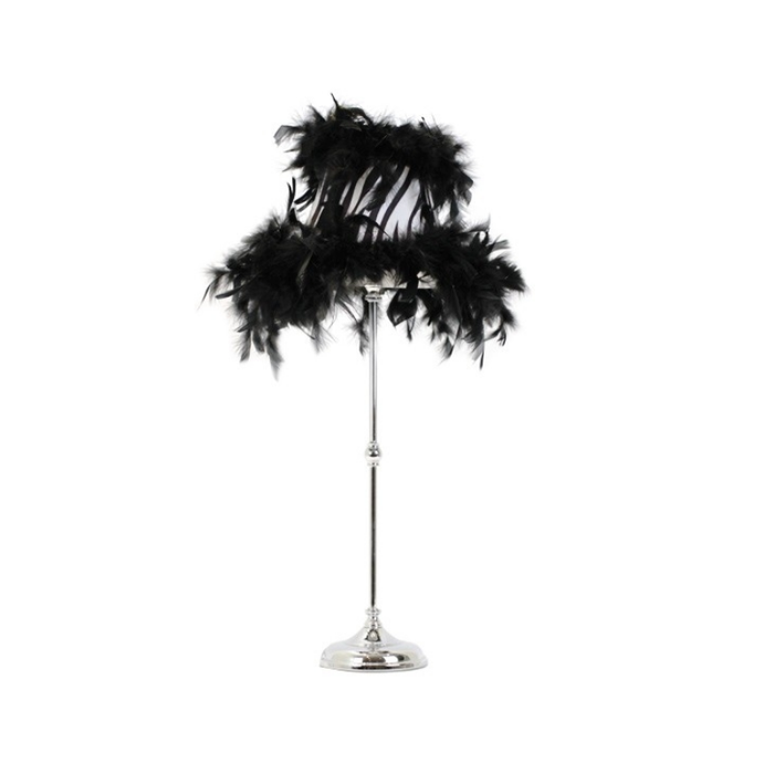 Chrome metal table lamp with black feather safari-style shade – elegant accent lighting for modern Australian interiors.