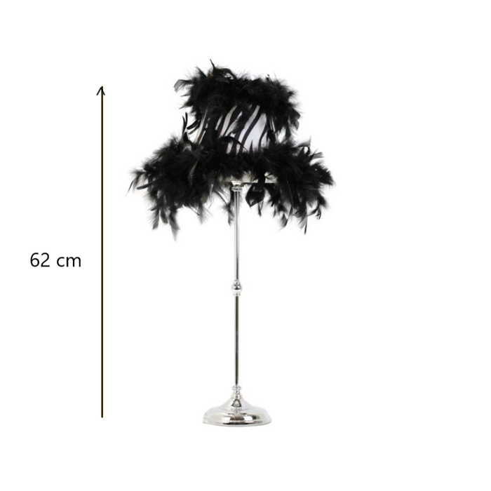 63 cm chrome table lamp with black feather safari-style shade and height measurement.
