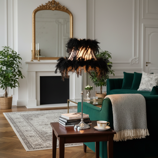 Black feather shade chrome lamp on timber side table beside green velvet sofa and gold mirror.