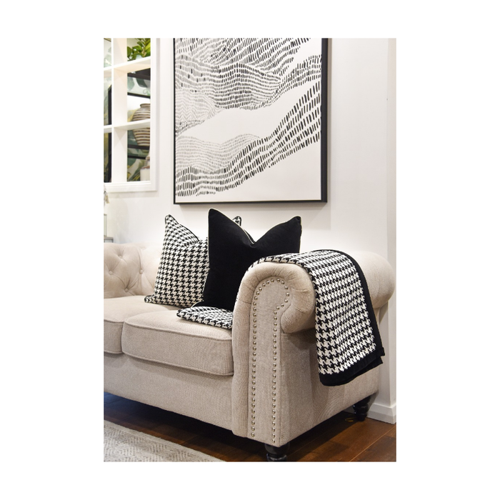 Classic Elegance Houndstooth Black Trim Throw On Sofa with Pillows