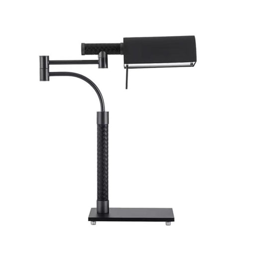 Dolche black leather desk lamp with a matte black finish and rectangular shade, displayed on a white studio backdrop.