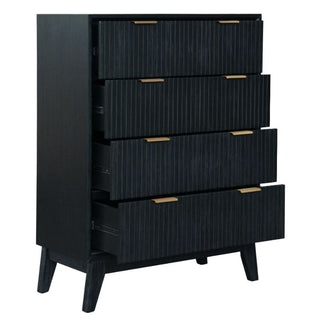 Ella 4-Drawer Tallboy in Brushed Black Side Profile With Open Drawers