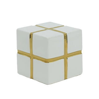 Gold-Banded Ceramic Cube Decor 10.5cm
