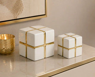 Gold-Banded Ceramic Cube Decor Set on Shelf
