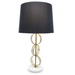 Gold Circles Lamp with black shade and brass rings, front view.