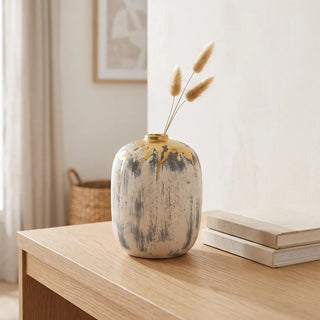 Gold Drip Ceramic Flower Vase with distressed white and grey finish and metallic gold rim