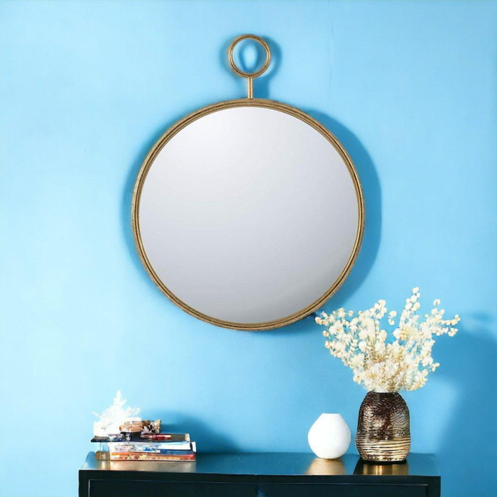 Gold Round Timepiece Iron Framed Mirror on the Wall  
