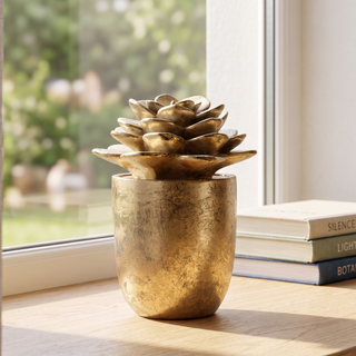Gold Succulent Pot Figurine styled on a sunny windowsill