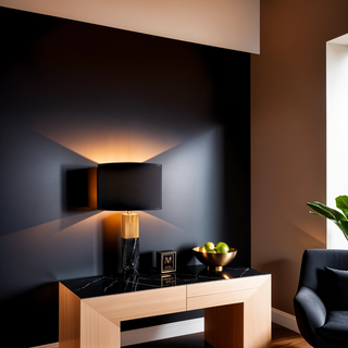 Gold and Marble Round Base Table Lamp With a round Black shade turned on