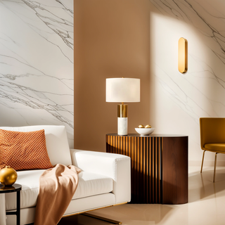 Gold and Marble Round Base Table Lamp With a round white shade in living room