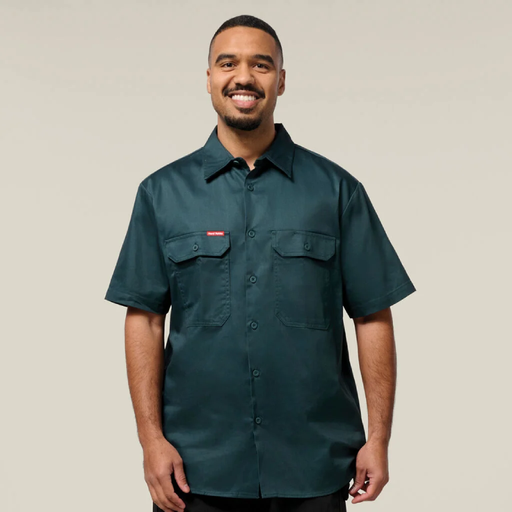 Green Hard Yakka Short Sleeve Open Front Cotton Drill Work Shirt