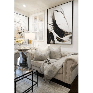 Grey Mist Throw with Satin Trim on Sofa