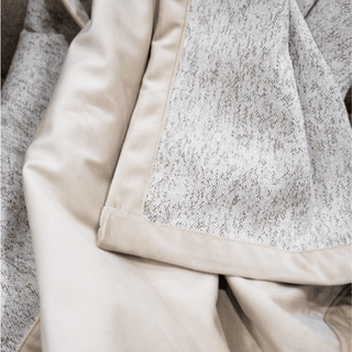 Grey and Taupe Panel Throw with Beige Border Close-up