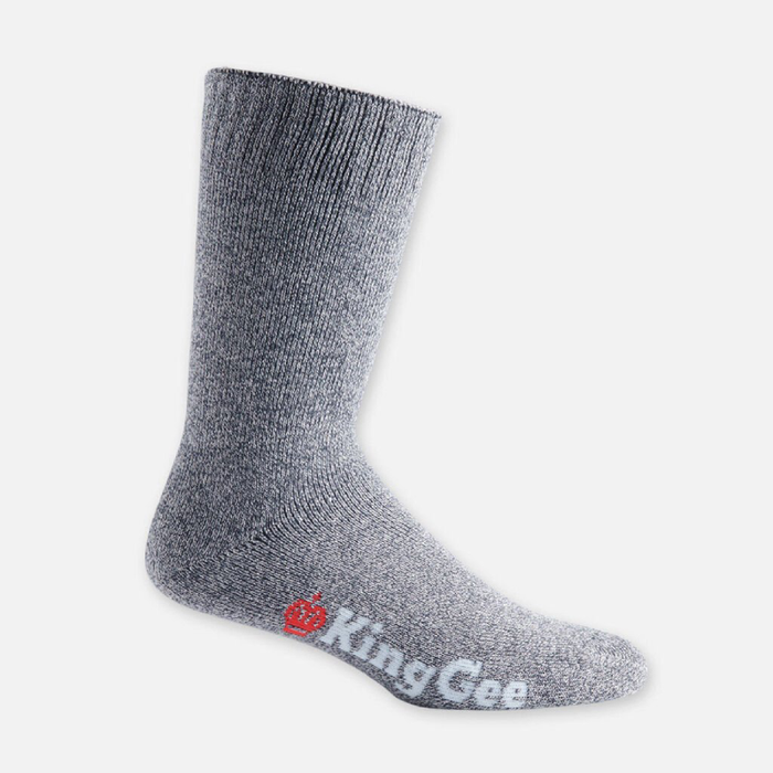 Grey crew-length work sock with KingGee logo, soft fabric